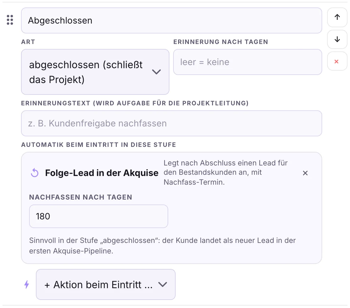 Stufe Abgeschlossen mit der Aktion Folge-Lead in der Akquise, nachfassen nach 180 Tagen