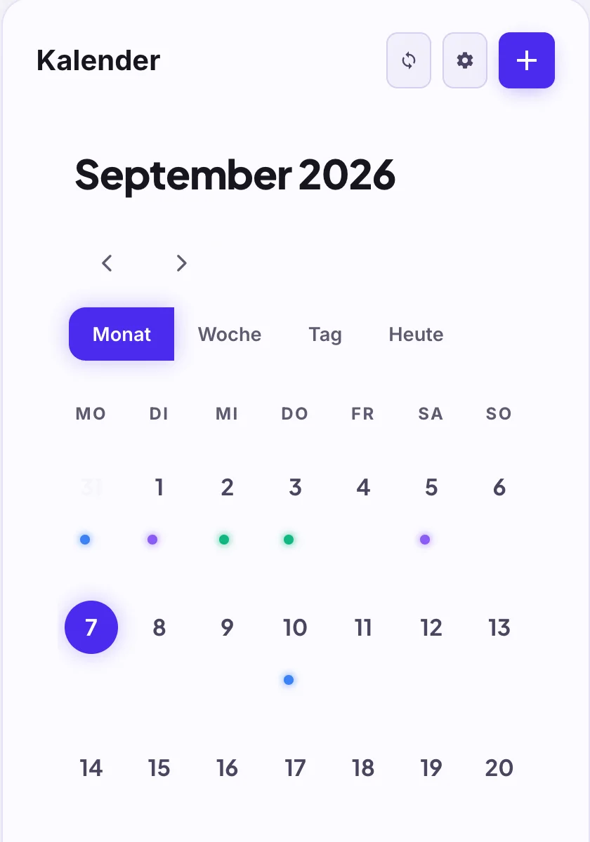 Kalender-Karte im Dashboard mit bestätigten Terminen als Punkte im September