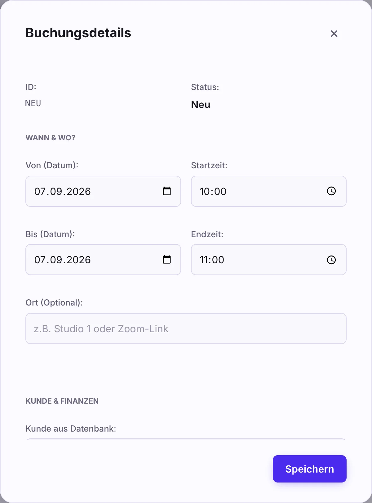 Fenster Buchungsdetails für eine neue, selbst angelegte Buchung