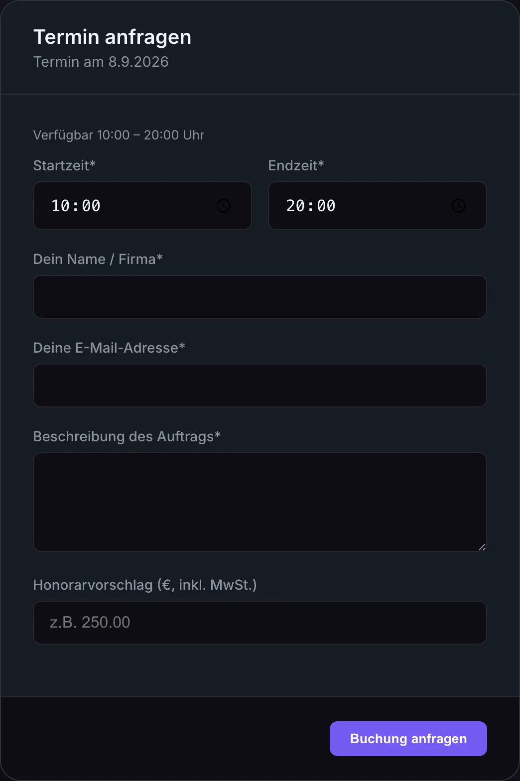 Fenster Termin anfragen mit Startzeit, Endzeit, Name, E-Mail und Beschreibung
