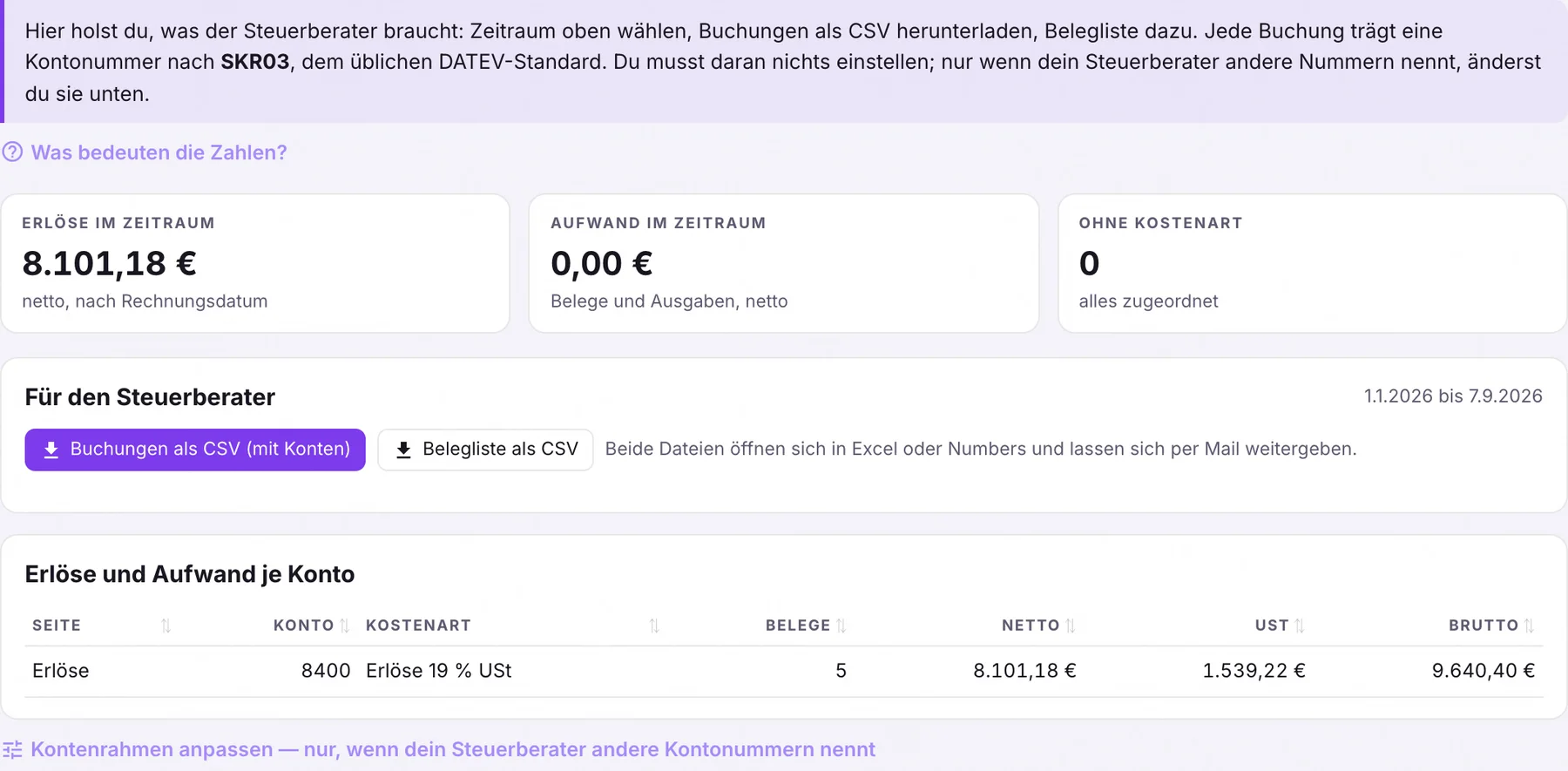 Reiter Steuerberater mit Kacheln, CSV-Knöpfen und Tabelle je Konto