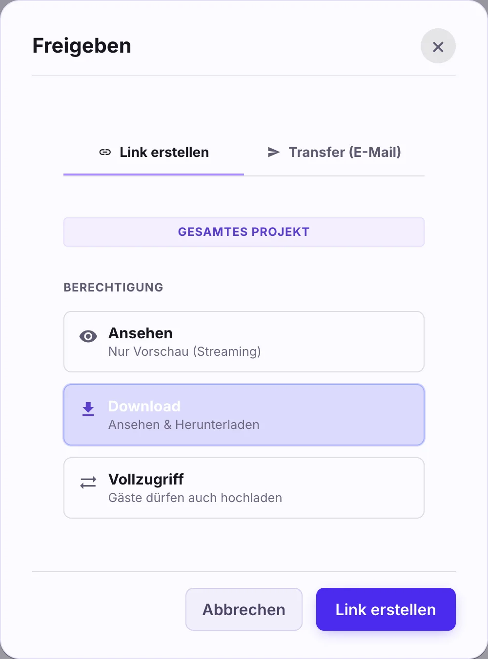 Fenster Freigeben mit den Berechtigungen Ansehen, Download und Vollzugriff