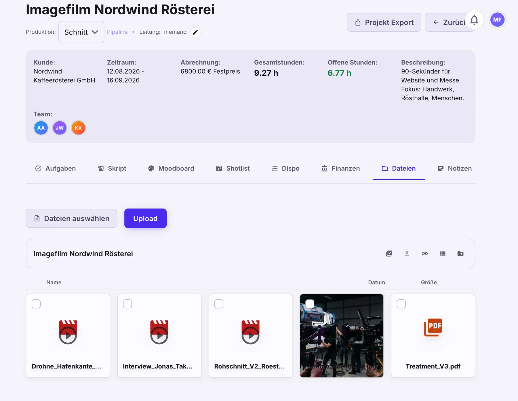 Kachelansicht der Ablage mit Videos, Setfoto und PDF