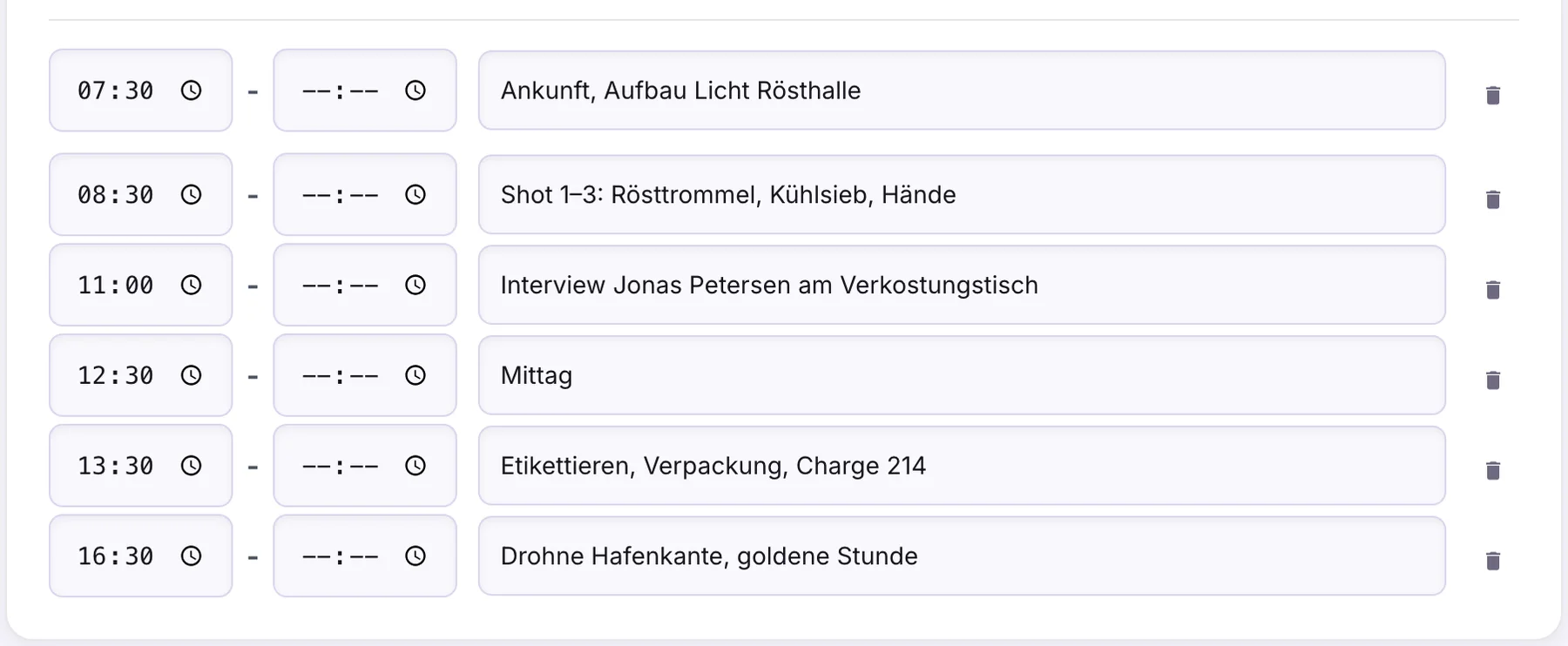 Tagesablauf mit sechs Zeilen von 07:30 bis 16:30
