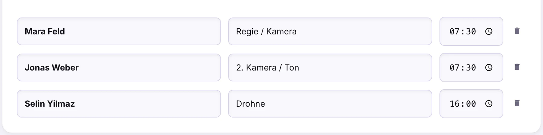 Team & Gewerke mit Name, Position und Treffpunkt-Uhrzeit je Person