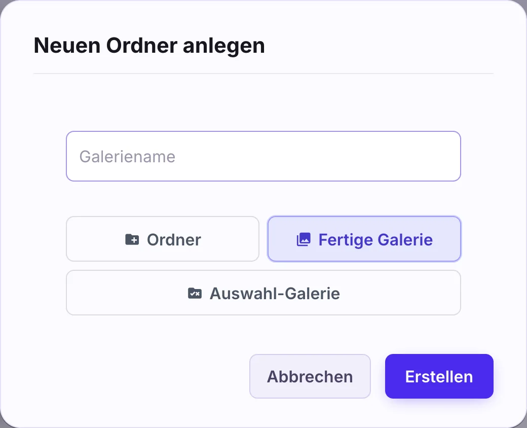 Fenster Neuen Ordner anlegen mit gewählter Art Fertige Galerie