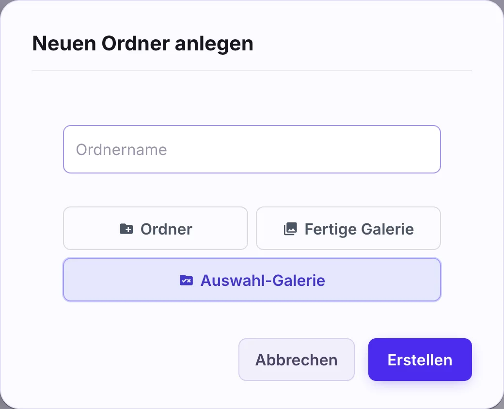 Fenster Neuen Ordner anlegen mit gewählter Art Auswahl-Galerie