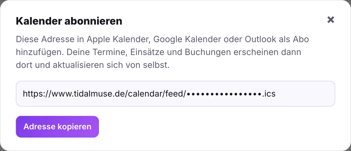 Dialog Kalender abonnieren mit Abo-Adresse und Knopf Adresse kopieren