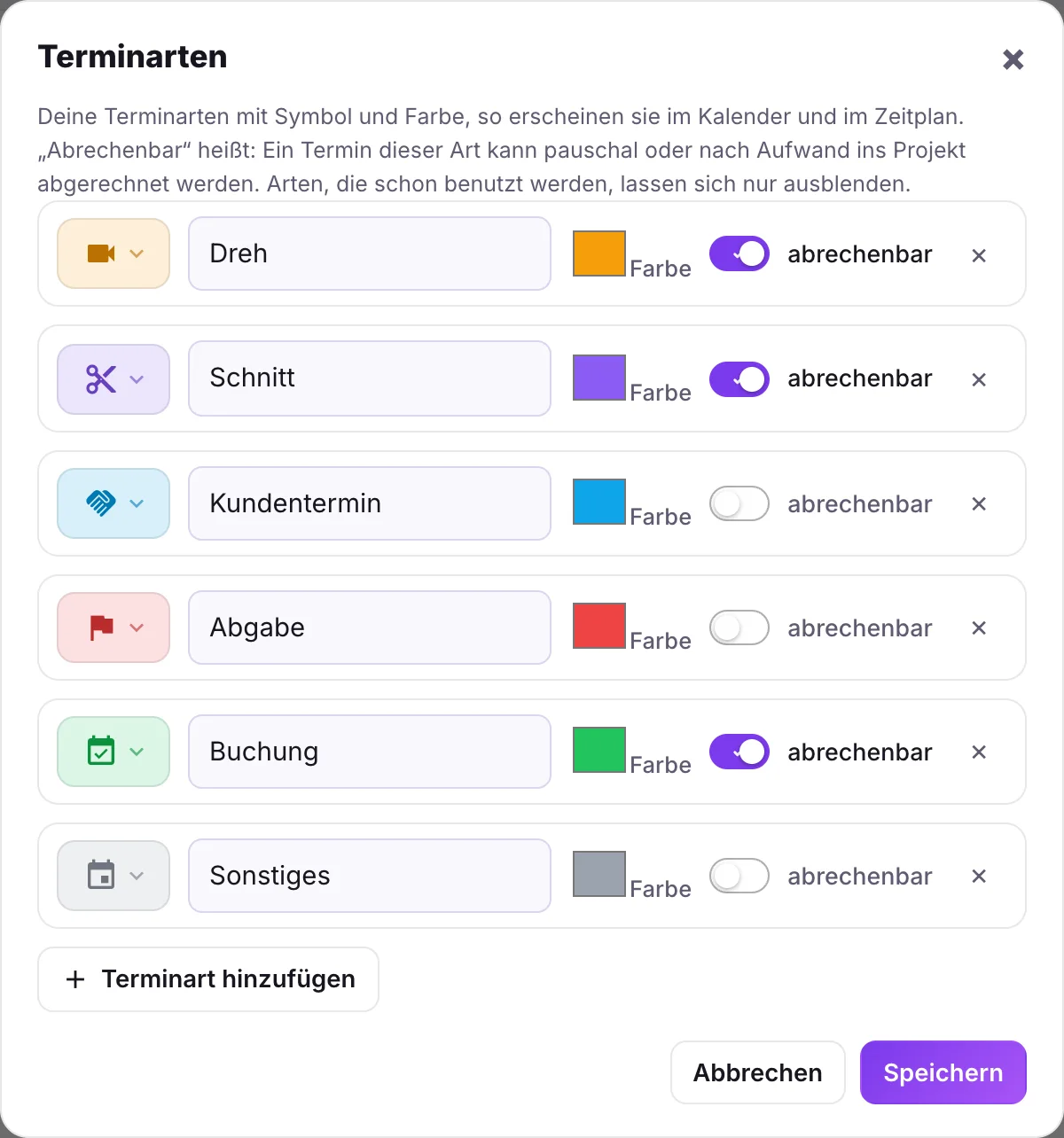Fenster Terminarten mit Symbol, Name, Farbe und Schalter abrechenbar
