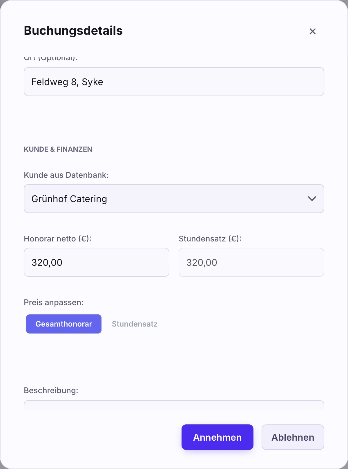 Buchungsdetails einer Anfrage mit erkanntem Kunden aus der Datenbank