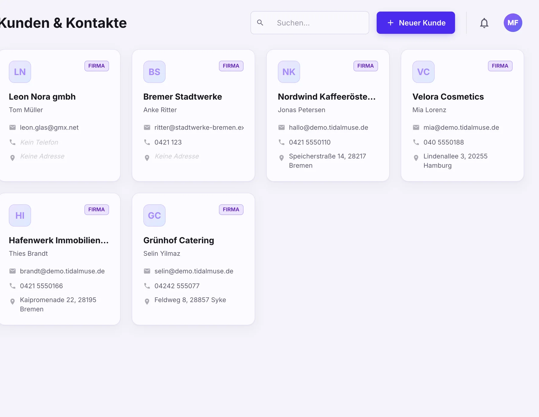 Kunden & Kontakte in tidalmuse: Kundenkarten mit Ansprechpartner, E-Mail, Telefon und Adresse