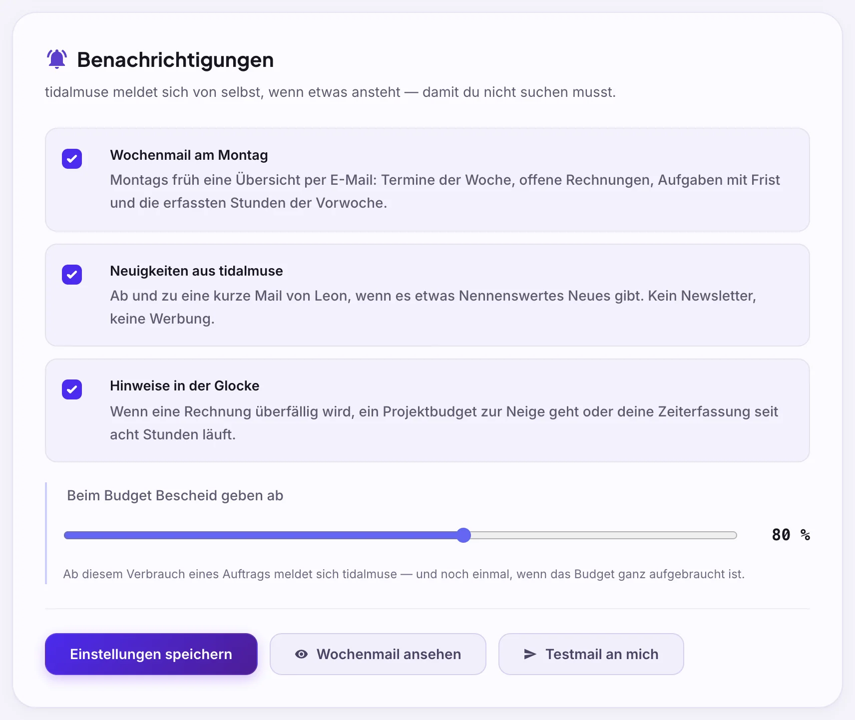 Profil, Abschnitt Benachrichtigungen mit Wochenmail, Neuigkeiten, Hinweise in der Glocke und Budget-Schieber