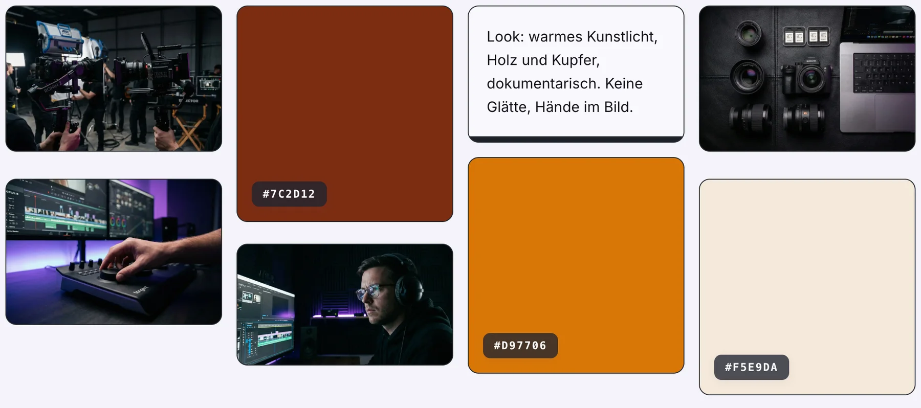 Moodboard-Raster mit vier Bildern, drei Farbfeldern und einer Notiz