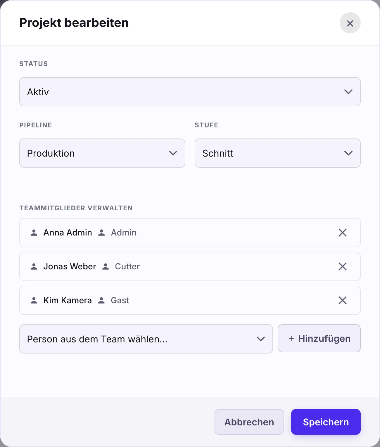 Projektfenster mit Abrechnung Festpreis, Pipeline Produktion, Stufe Schnitt und Teammitgliedern