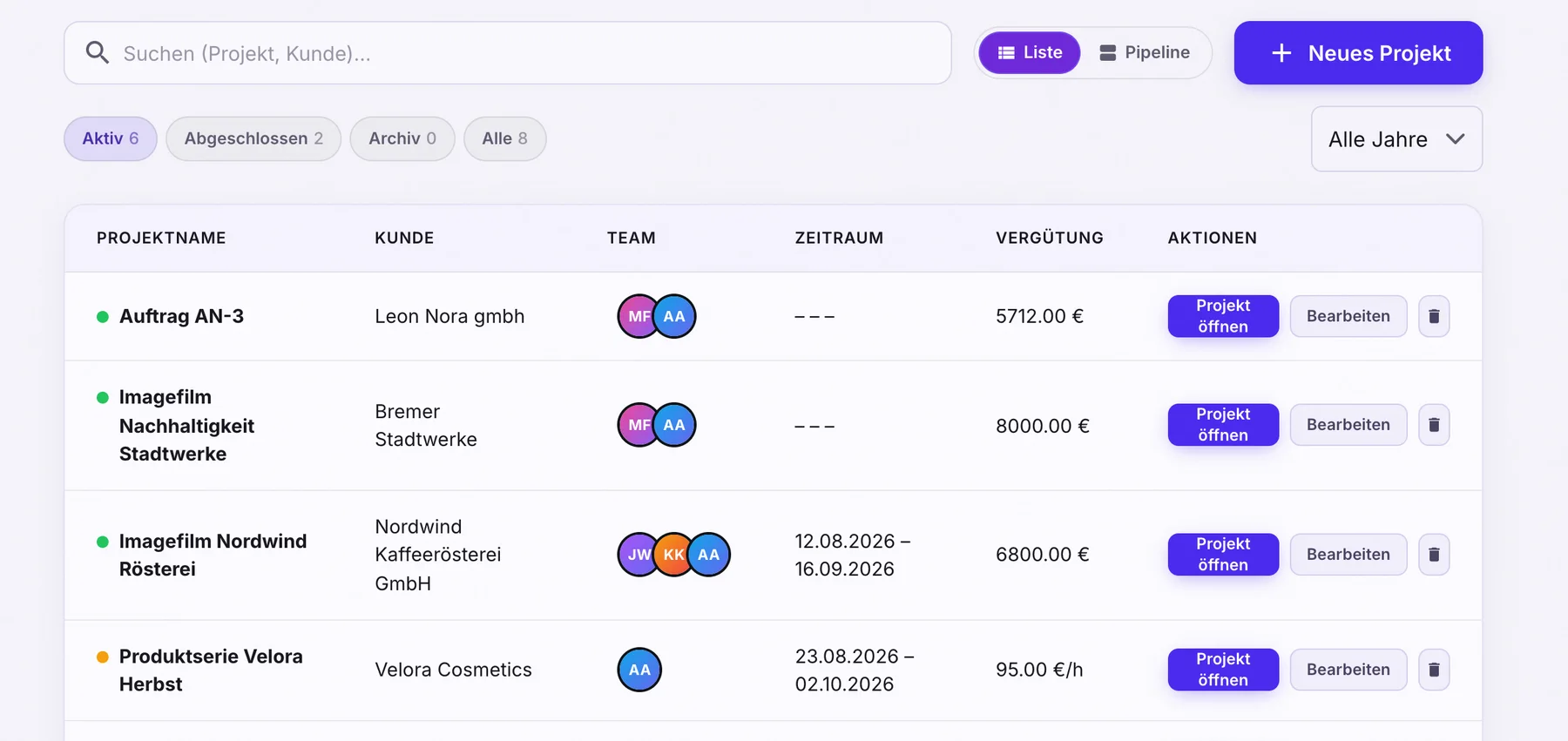 Projektliste mit Suche, Filterknöpfen und Zeilen mit Kunde, Team, Zeitraum und Vergütung