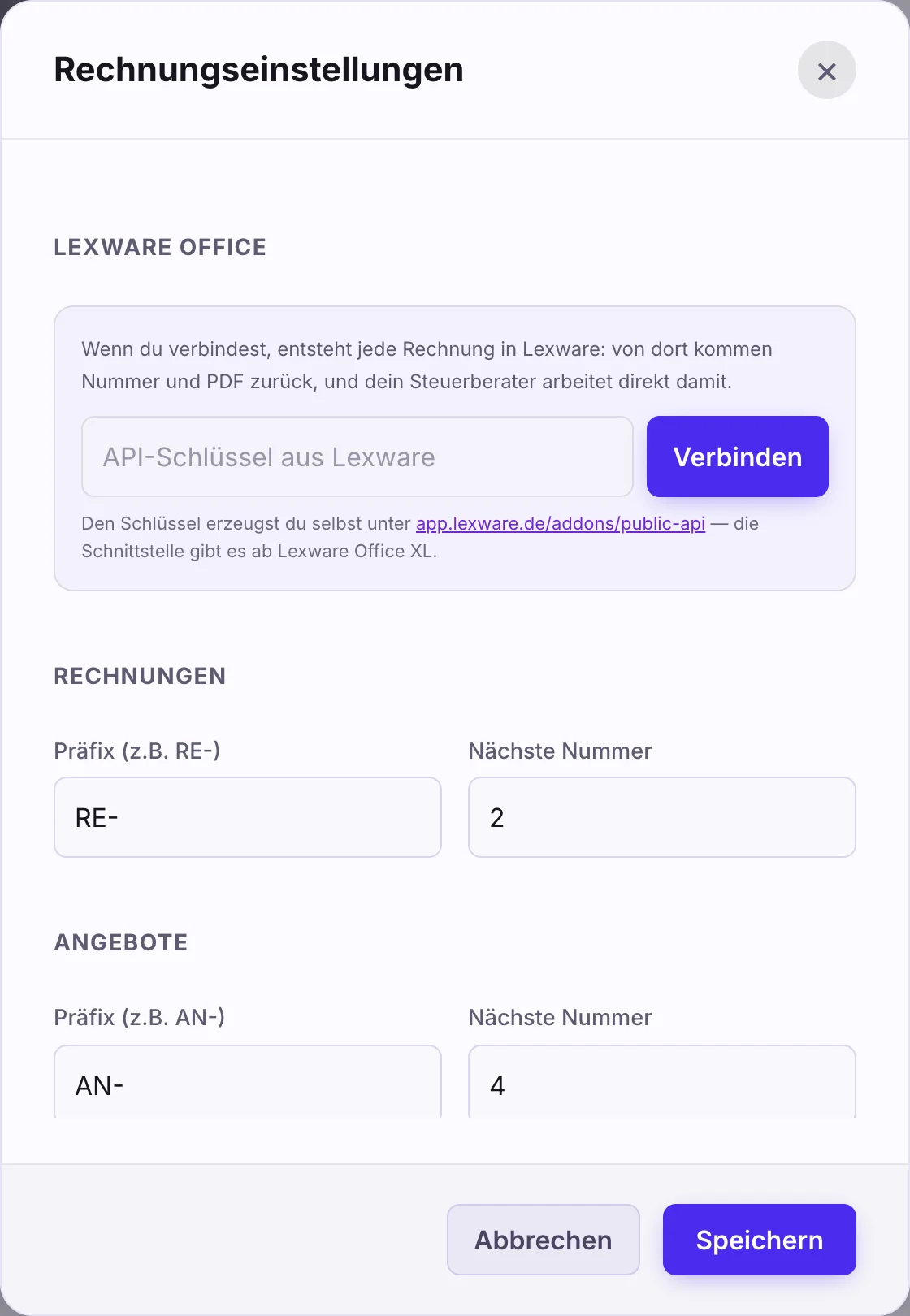 Rechnungseinstellungen mit Lexware Office, Präfix und nächster Nummer für Rechnungen und Angebote