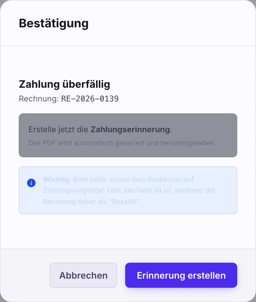 Dialog Zahlung überfällig für RE-2026-0139 mit Knopf Erinnerung erstellen