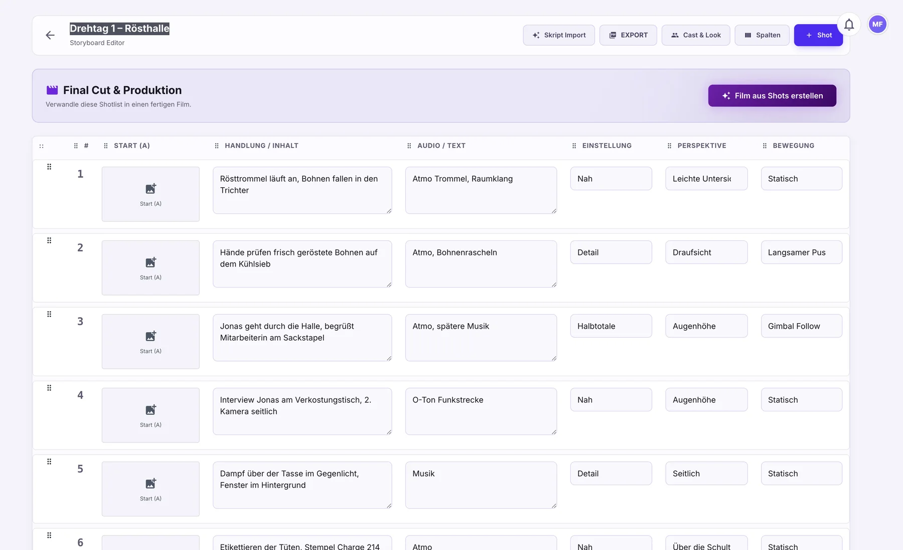 Storyboard-Editor in tidalmuse: Tabelle mit Shots, Handlung, Audio, Einstellung, Perspektive und Bewegung