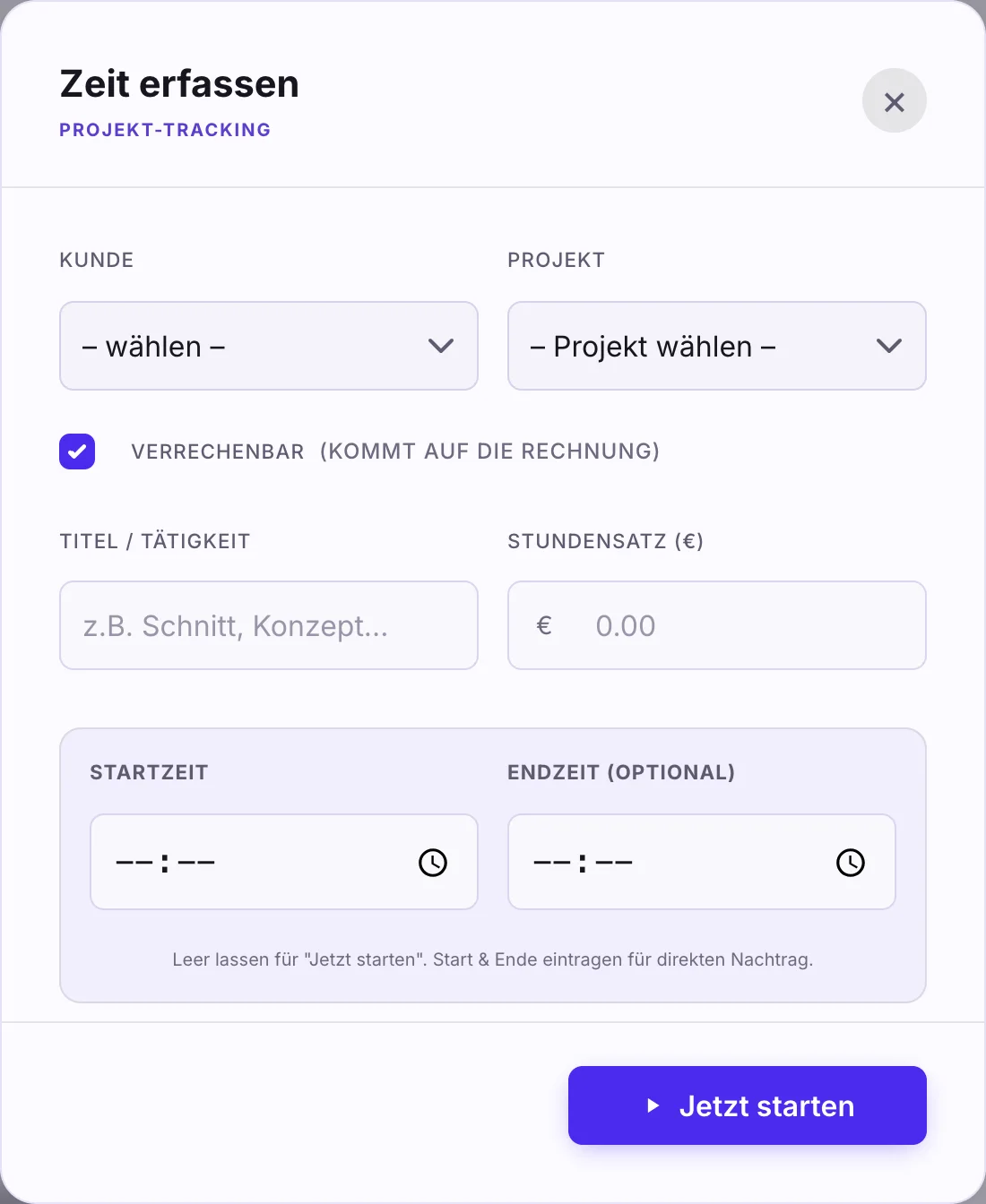 Fenster Zeit erfassen mit Kunde, Projekt, verrechenbar, Tätigkeit, Stundensatz, Startzeit und Endzeit