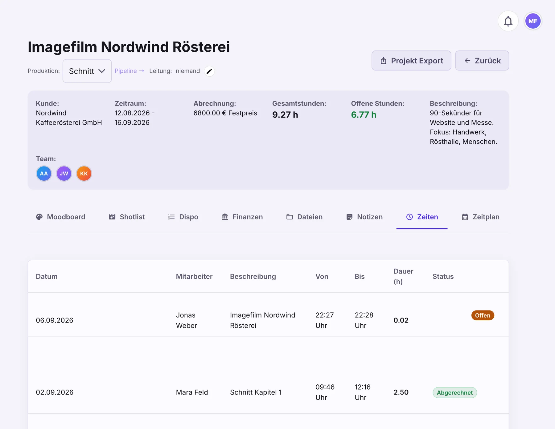 Reiter Zeiten im Projekt: erfasste Zeiten mit Person, Dauer und Status
