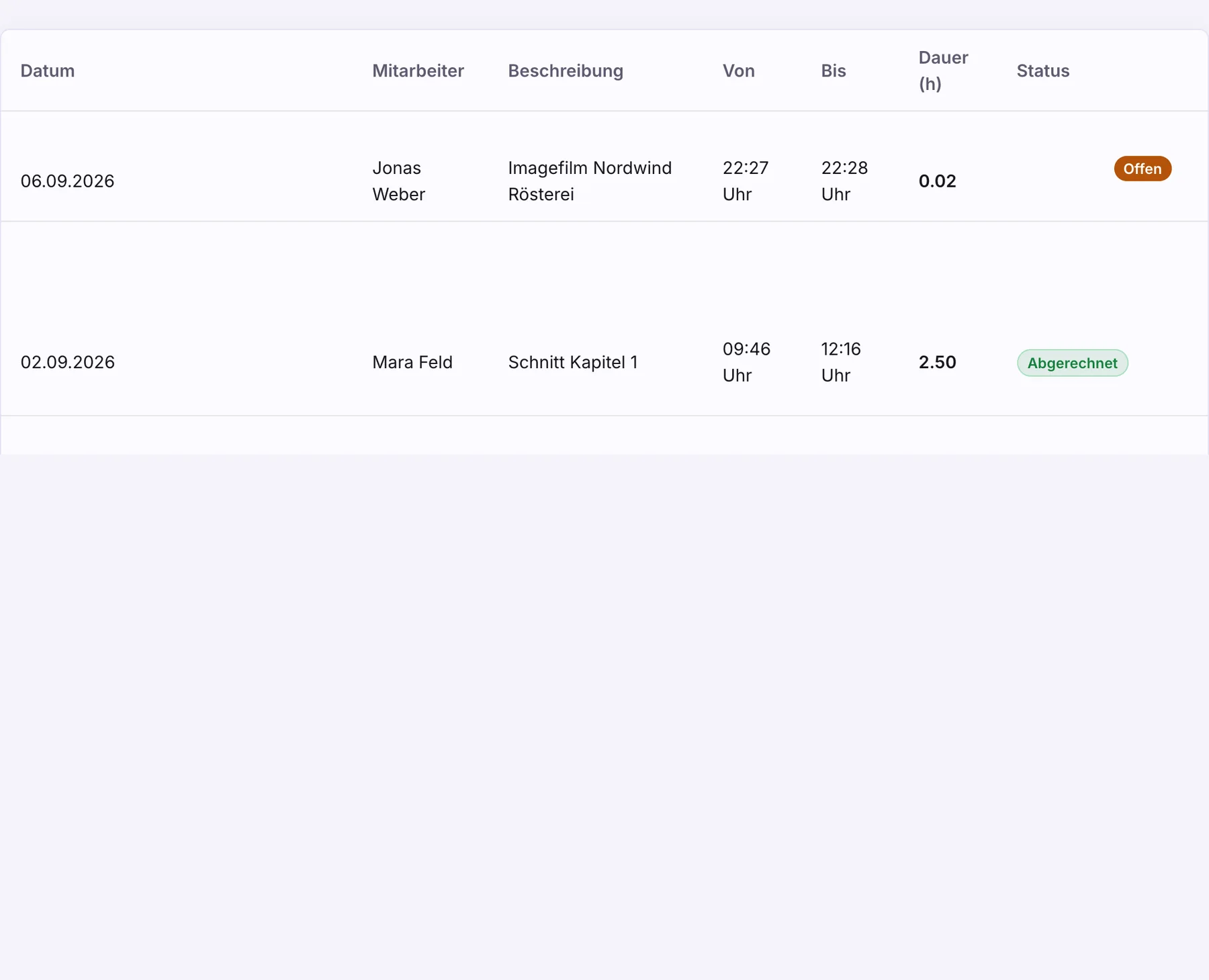Zeiten-Tabelle im Projekt mit Status offen und abgerechnet